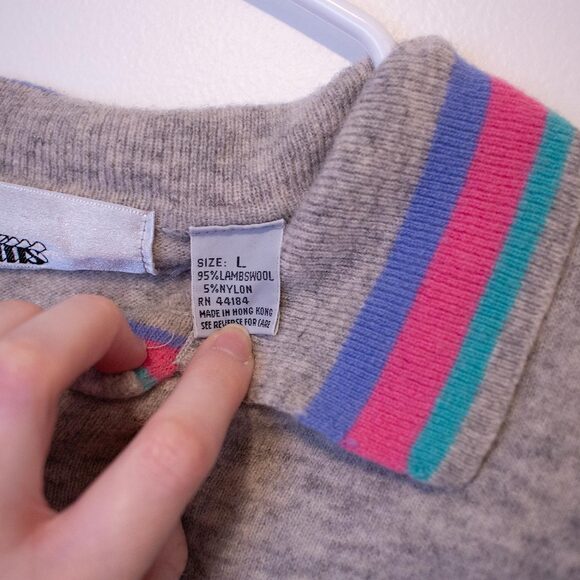 Preppy VTG L Idioms Sweater Lambswool Grey Colorblock 90s Henley | Bright Winter - Picture 7 of 8